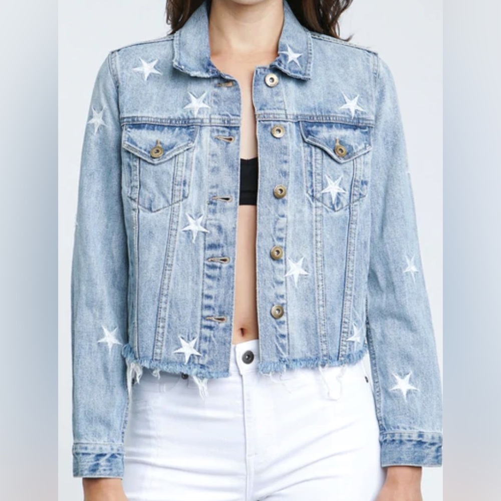 PISTOLA Brando Cropped Jean Jacket with White Embroidered Stars